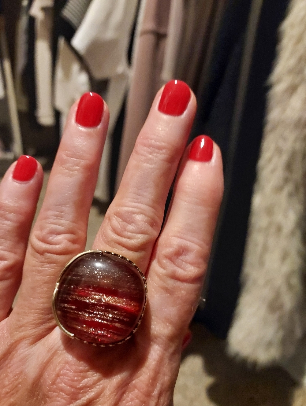 Red and Gold Flecks Cabochon Ring